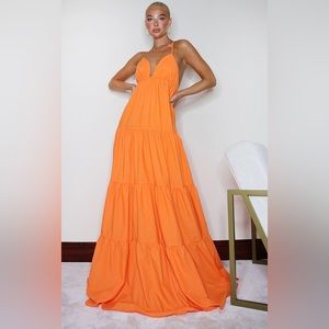 Orange Woven Tiered Smock Maxi Dress